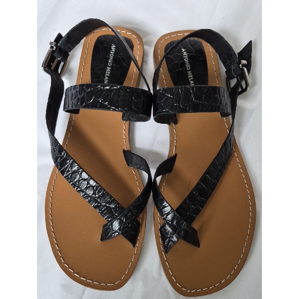 ANTONIO MELANI Black Croc-Embossed Leather Strap Sandals Womens 9 Macomb Classic